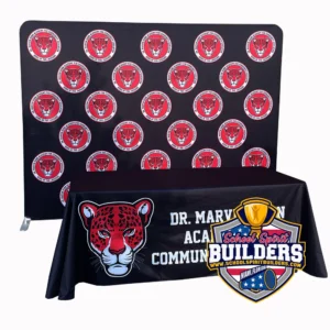 Custom step and repeat fabric wall for Florida schools with professional aluminum frame and vibrant logo printing