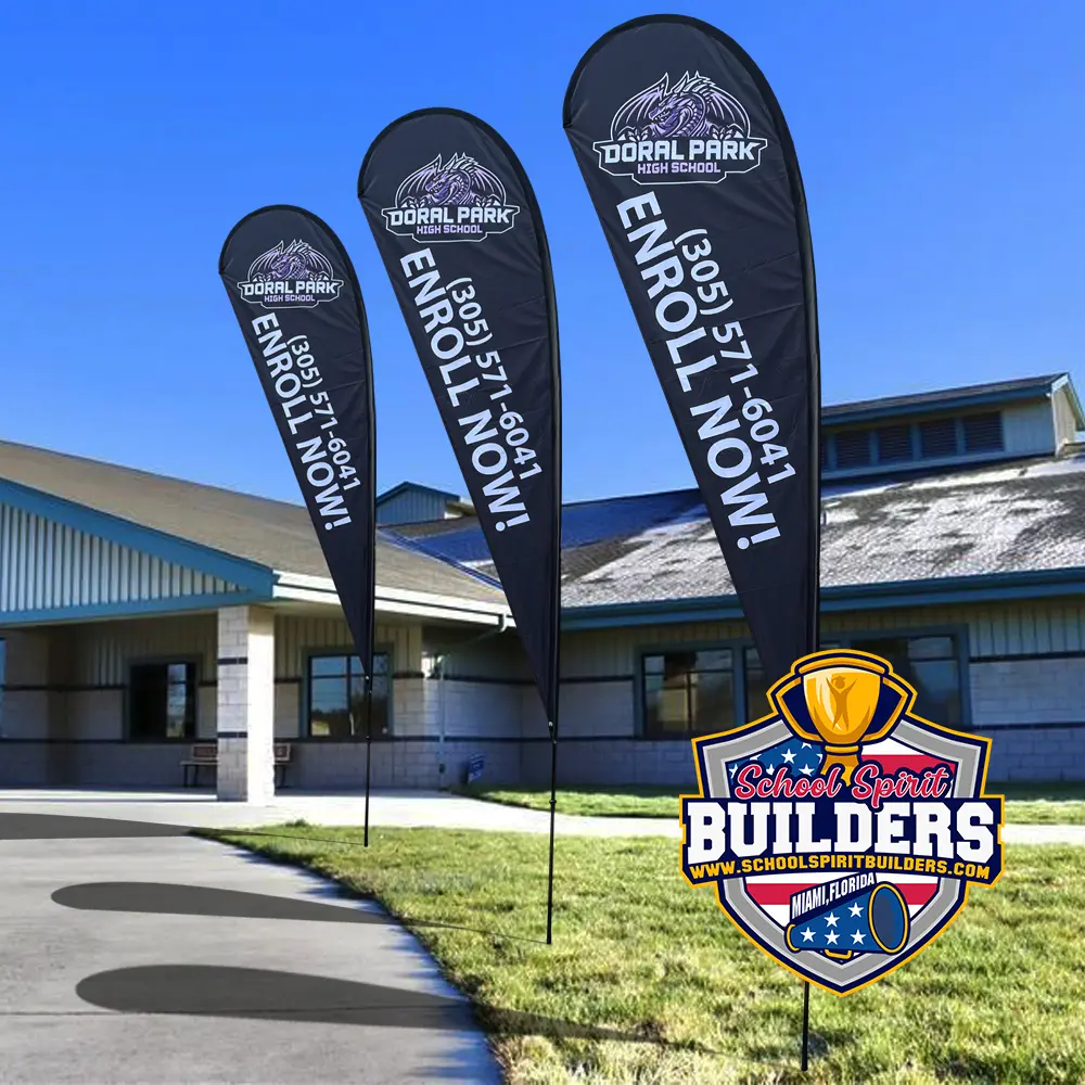 High-definition double-sided printed school flag showing clear logo visibility from both sides