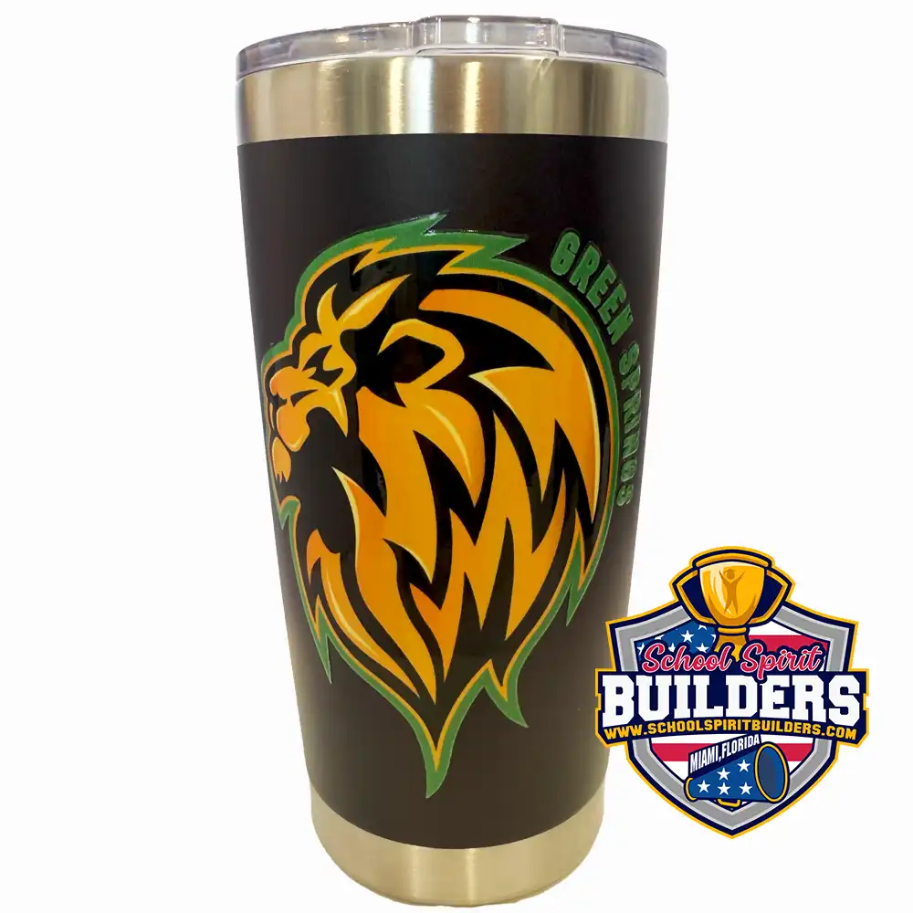 Personalized school logo tumbler 20oz stainless steel with spill-resistant lid by School Spirit Builders