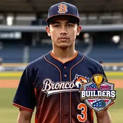 Custom navy and orange baseball uniform featuring bronco mascot logo designed by School Spirit Builders LLC for school sports teams and athletic programs