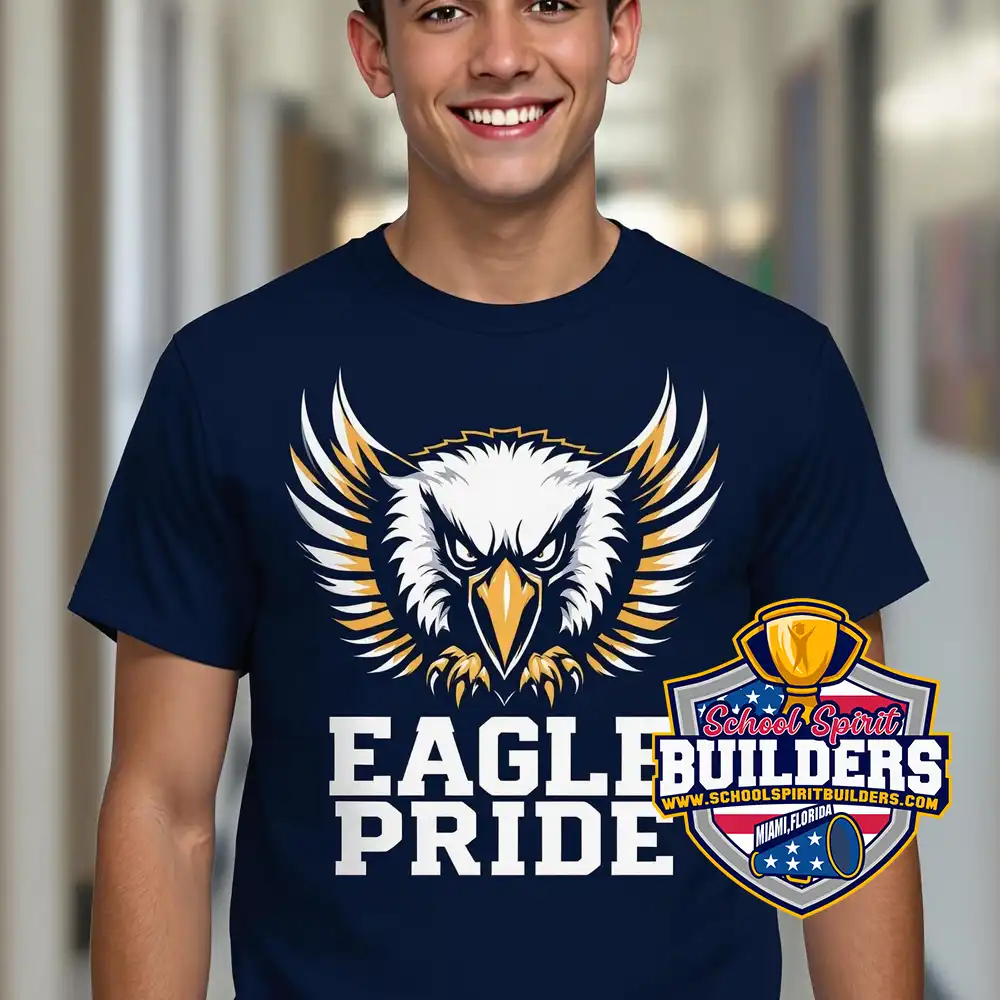 Student wearing custom navy blue t-shirt with 'EAGLE PRIDE' text and fierce eagle mascot design in center - school spirit apparel