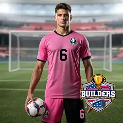 Custom pink and black sublimation soccer uniform professionally designed by School Spirit Builders LLC for school soccer teams and athletic programs in Florida and nationwide