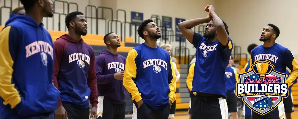 Kentucky basketball team wearing School Spirit Builders custom warm-ups during basketball season showcasing team unity and school spirit on court
