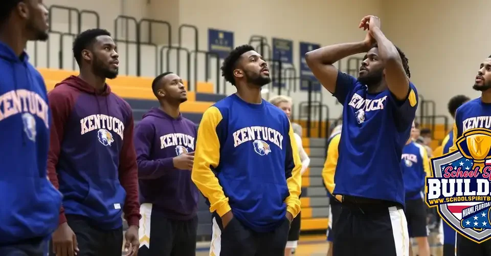 Kentucky basketball team wearing School Spirit Builders custom warm-ups during basketball season showcasing team unity and school spirit on court