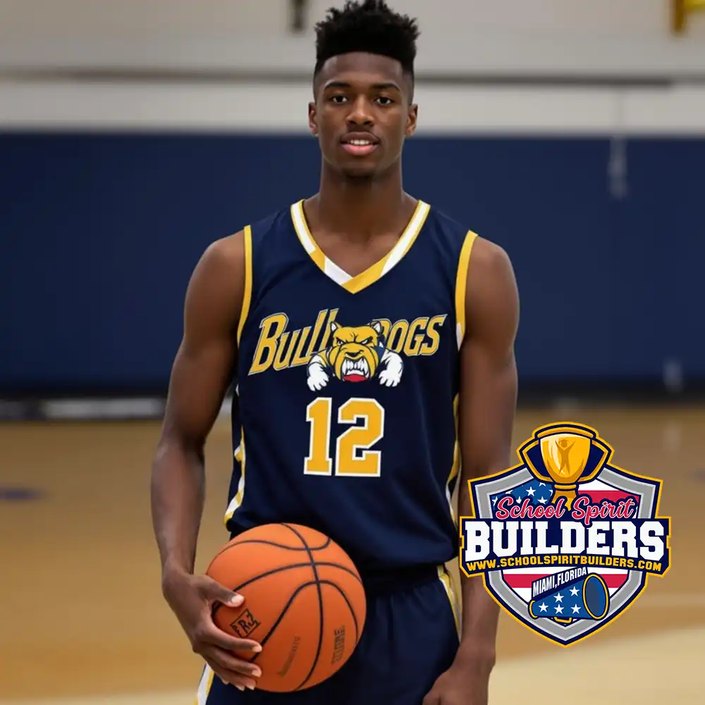 Georgia high school basketball player wearing School Spirit Builders' custom navy and yellow uniform featuring number 12 and bulldog mascot logo, showcasing our premium quality basketball uniform designs for schools