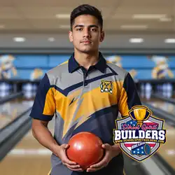 Sublimation bowling team polo, professionally designed by School Spirit Builders LLC for school bowling teams and athletic programs in Florida and nationwide