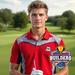 Sublimation golf team polo featuring bulldog mascot logo, professionally designed by School Spirit Builders LLC for school golf teams and athletic programs in Florida and nationwide