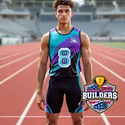 Custom teal, purple, and black sublimation track and field uniform featuring shark mascot professionally designed by School Spirit Builders LLC for school track teams and athletic programs