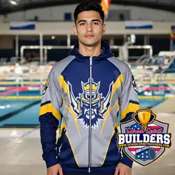 Custom swimming sublimation hoodies featuring school logos and colors, professionally designed by School Spirit Builders LLC for school swim teams and aquatic programs in Florida and nationwide