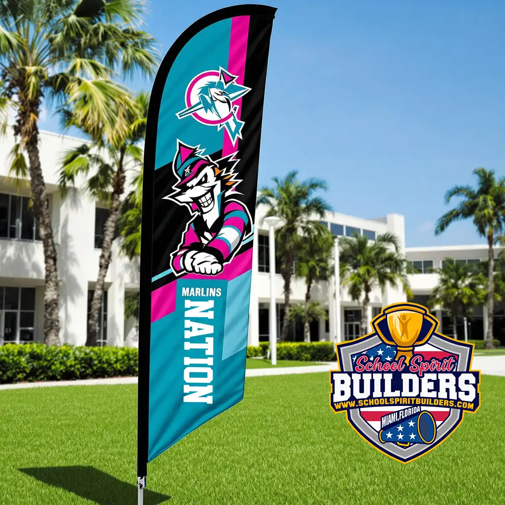 Professional teardrop feather flag displaying Marlins Nation mascot and text in teal, black, pink and white colors standing in grass at Miami school campus
