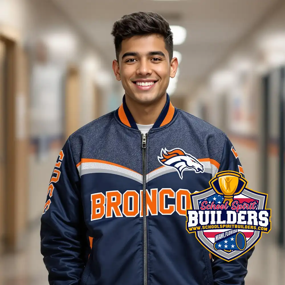 High school student wearing custom navy blue sublimation bomber jacket with Broncos mascot logo and text, showcasing School Spirit Builders nationwide custom apparel services