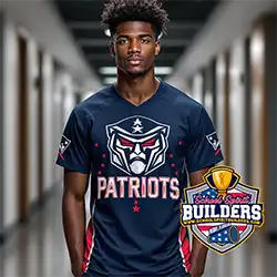 High school student wearing custom Patriots sublimation jersey with mascot logo and text, showcasing School Spirit Builders' premium sublimation technique and nationwide shipping