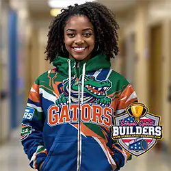 High school student wearing custom sublimation zip-up hoodie featuring Gator mascot logo by School Spirit Builders for school spirit Florida