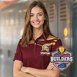 School administrator wearing professional sublimation polo with custom school logo and colors