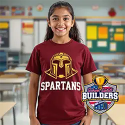 middle school student wearing Spartan screen print t-shirt, School Spirit Builders custom school spirit apparel, made in USA