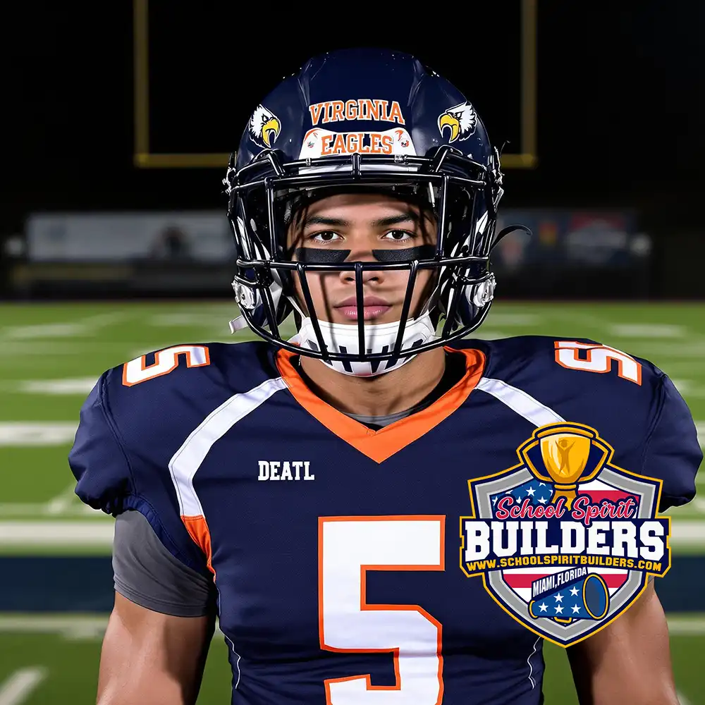 High school football player wearing custom navy blue and orange jersey with Virginia text and number 5, showcasing School Spirit Builders premium football sports uniform